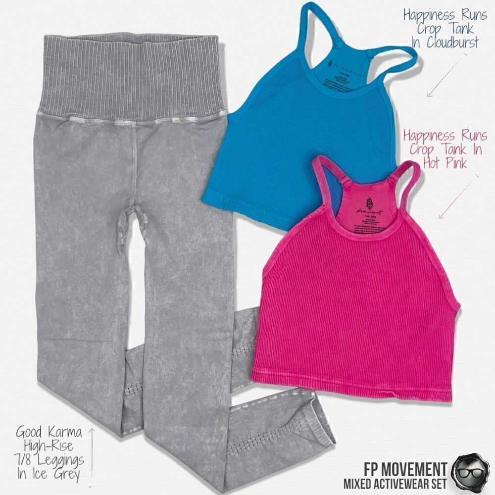 FP MOVEMENT ACTIVEWEAR SET: HAPPINESS RUNS CROP TANKS + GOOD KARMA LEGGINGS XS/S